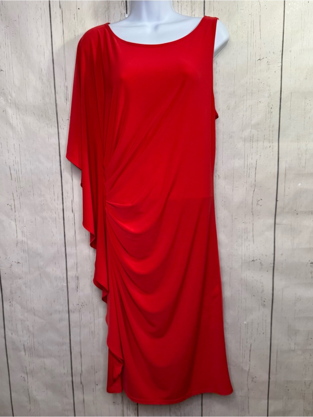 Vintage Joseph Ribkoff Red Draped Cape Sleeve Midi Dress Batwing Asymmetrical